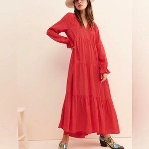 Anthropologie Maeve Red Wendy Tiered Long Sleeve Maxi Dress Size L
